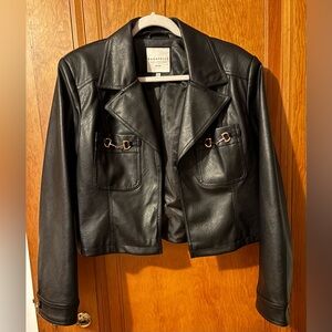 bagatelle Black Cropped Faux Leather Jacket with Gold Hardware